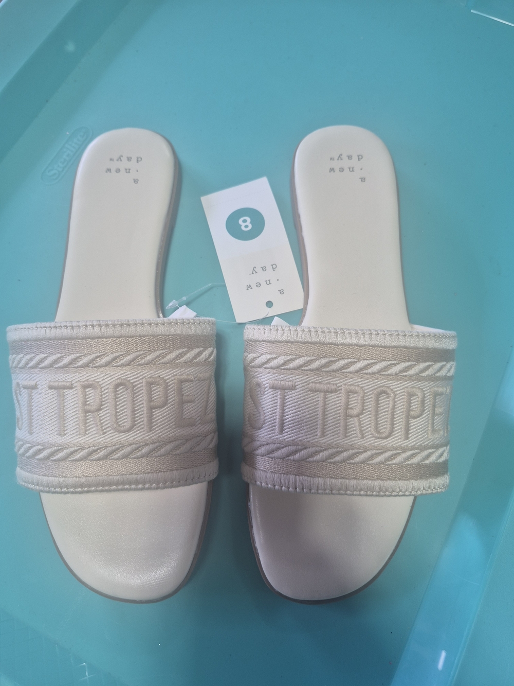 a new day Beige 'St. Tropez' Embroidered Slide Sandals